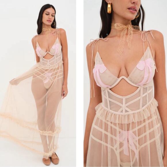 For Love & Lemons Akeria Sequin Bow Cutout Sheer Pink Maxi Slip Dress Size XXS - Picture 1 of 8